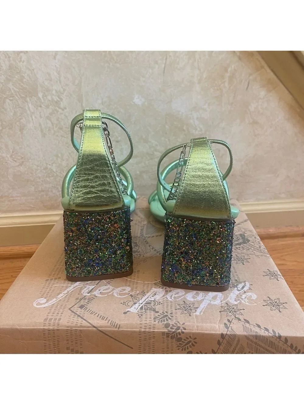 Free People Parker Silver Chain Heels Green Lime Metallic Sz 39